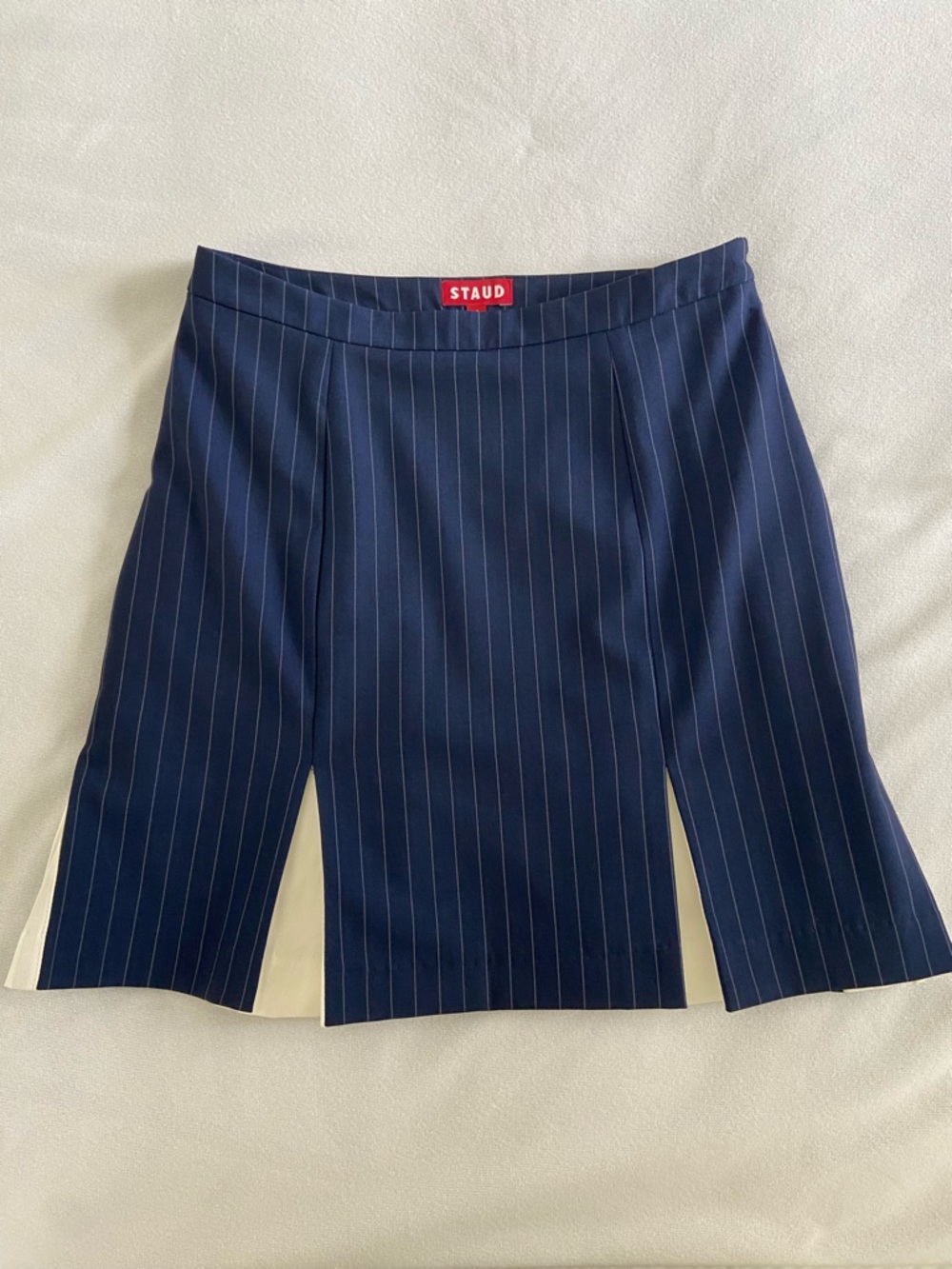 STAUD Navy Pinstripe Mini Skirt with White Side Panels